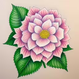 a drawing of a flower is being drawn,an image of a large flower with green leaves