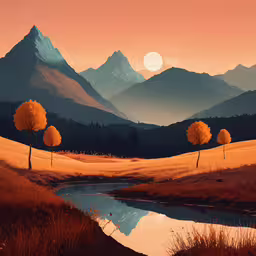 some trees and water in front of mountains,a painting shows a mountain view with a pond, a grassy field, and three yellow trees
