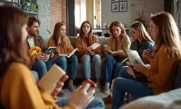 group of girls and boys sitting on couch looking at book