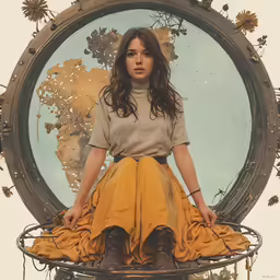 a girl in an orange skirt sitting on top of a circular structure