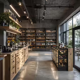a kitchen in a store with long tables and shelves