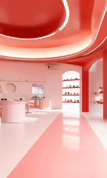 a bathroom with a big pink ceiling and white floor