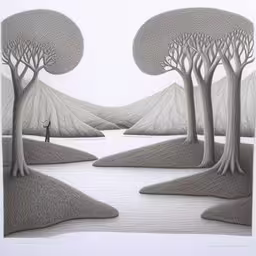artwork featuring an artistic scene with a man and two trees,two drawings of trees in an open field,the person in the field has trees by the mountains,a drawing of trees with a mountain view,a drawing with trees and mountains next to water