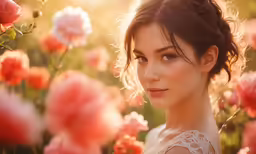 woman looking at camera with flowers on it