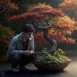 a person crouching near a bonsai tree with red leaves