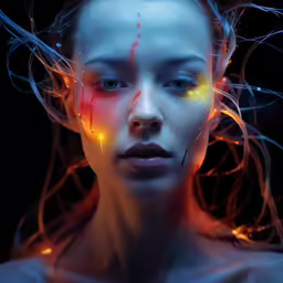 a woman with an illuminated face and hair