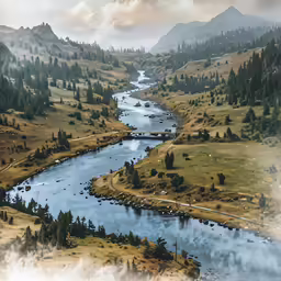 the river cuts into an expansive area near a wooded, rocky valley