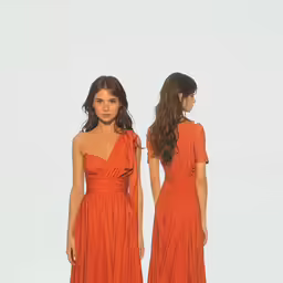 two models wearing orange dress and one is wearing a brown