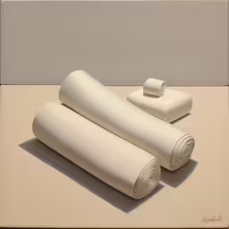 a painting with two rolled sheets in front of them,three pieces of white art work of cloth,three rolled up sheets are on top of a table,two large rolled towels on top of a table,three towels folded and laying on top of a table
