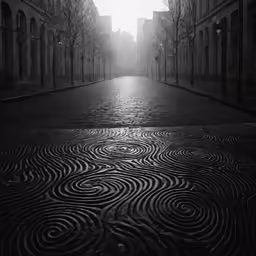 a cobblestone street with circular patterns in the middle
