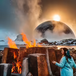 a woman points out a fire in the distance