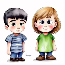 a couple of children, one standing up and the other sitting down,a boy and girl looking at each other,a boy and girl with long brown hair stand in front of a white background,the boy is looking at the girl standing behind him,an image of two children with big eyes