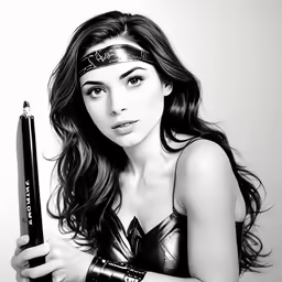 a woman in a costume holding a pen and wearing a helmet