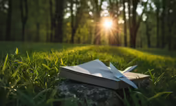 a book is lying on the grass in the woods