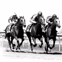 three men riding horses on a dirt track