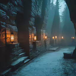 a night scene with several lanterns and stairs