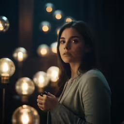 a woman standing next to a wall of lights