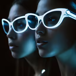 three people wearing sunglasses with neon lights at the side