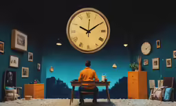 a man at a desk with a large clock above him