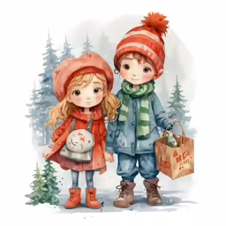 a painting of two kids in the snow