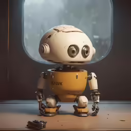 a robot with two eyes and a small head is posed in front of a round window