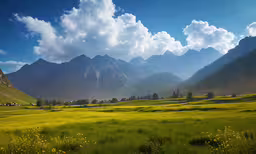 a green valley is shown with mountains in the background
