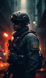 an armed police officer on a city street