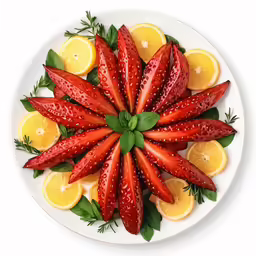 strawberries and oranges arranged in a floral arrangement
