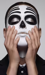 a person with white makeup holding their hands to the face
