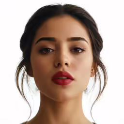 a woman in red lipstick holding a cell phone to her face