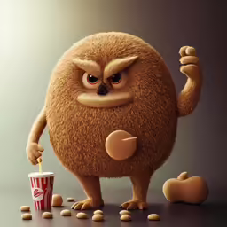 a monster character holding a cup with food on it