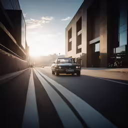 a truck on the road with buildings in the background