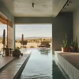 a view of an indoor swimming pool with large windows