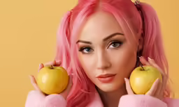 woman with pink hair, pink eye makeup, and shiny eyes hold apples to her face