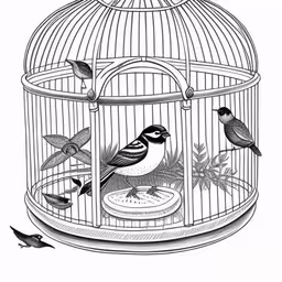 black and white drawing of birds in a cage,three birds in a cage, one is on its own,a drawing of a bird in a cage,a bird in a cage that has birds inside of it,a bird in a cage with birds on the outside