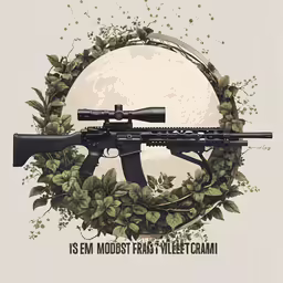 a rifle with trees, leaves and a quote