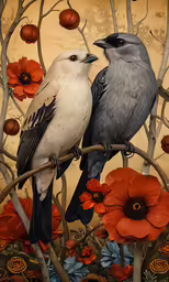the painting depicts two birds perched on a branch among autumn flowers