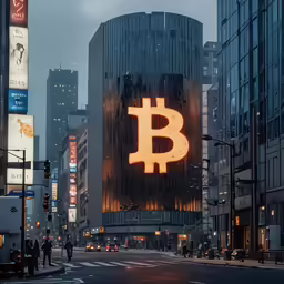 a giant bit coin lit up on the side of a building