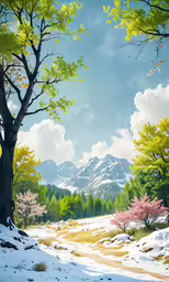 a painting of trees and mountains during the winter