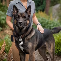 man petting his large dog outside in the woods