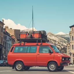 an orange van with luggage strapped to it is parked in front of a city street