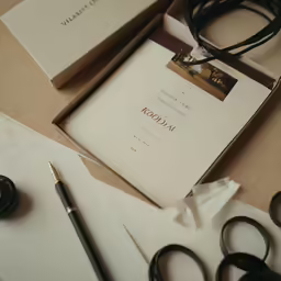 a notepad with a pen, a pair of black scissor and a box