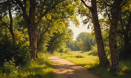 sunlight streaming through a forest with trees lining the sides