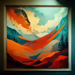 a painting of a mountain with orange and blue hues