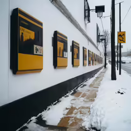 there are snow covered sidewalks and street signs on this building