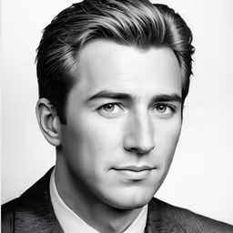 there is a man with a suit and tie in black and white