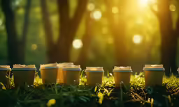seven coffee cups lined up on grass and trees