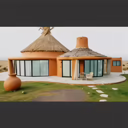a house with a grass covered roof and large circular round windows
