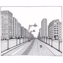 a drawing of a city street that looks like it is going down the hill,an urban area with large buildings and traffic lights,a pencil drawing of city streets with buildings and lamps,an artistic drawing of a street with tall buildings,an outline of a city with street lights
