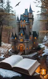 a book is laying next to an old castle like building